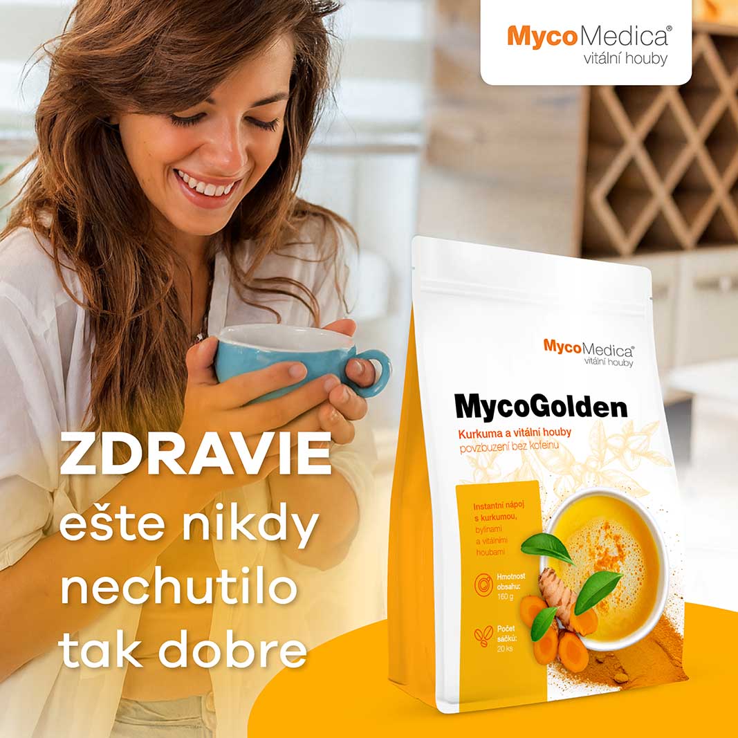 MycoGolden - Kurkumový protizápalový nápoj. Mycomedica Novinka 2025 - Kurkuma, aswaghanda s vitálnymi hubami.